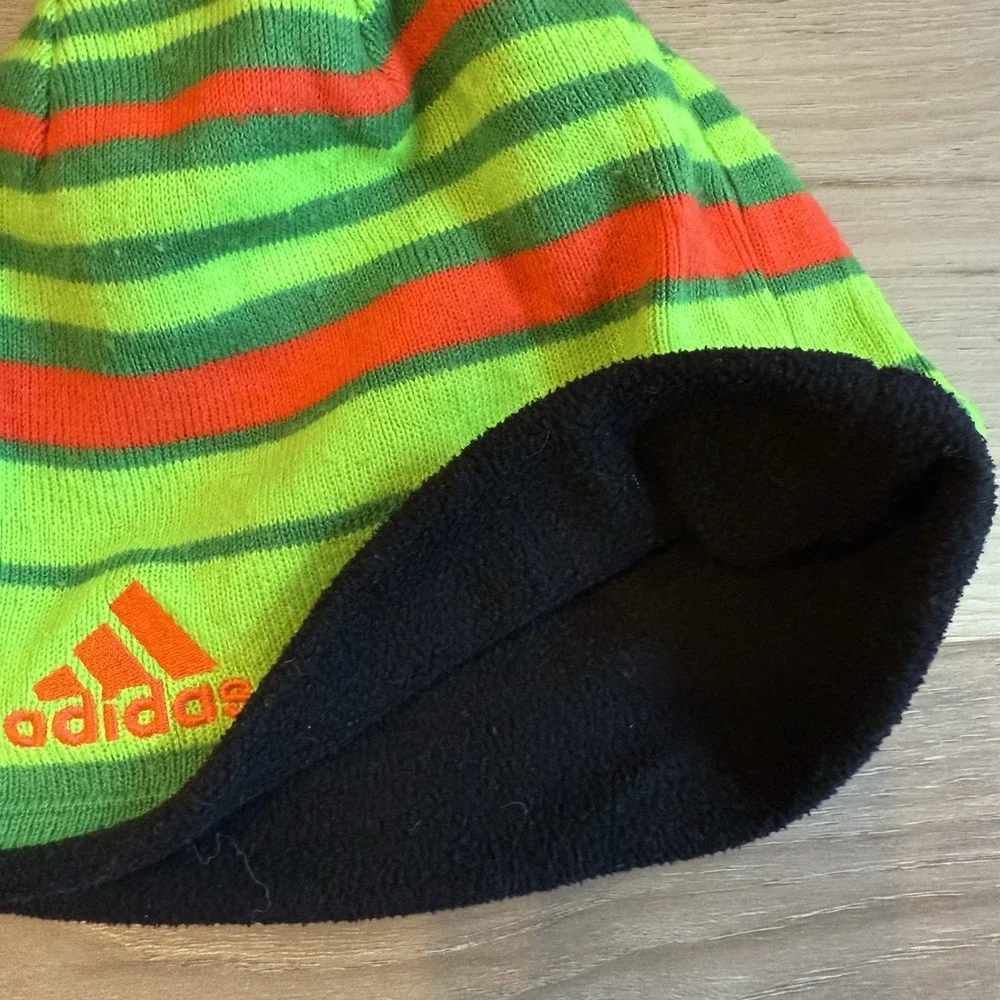 Adidas Green Striped Beanie with Embroidered Logo Pom One‎ Size